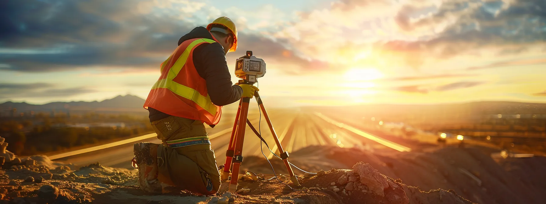 A surveyor meticulously adjusting the lens of a total station with infrared technology under the bright sun, ensuring precision in field measurements.