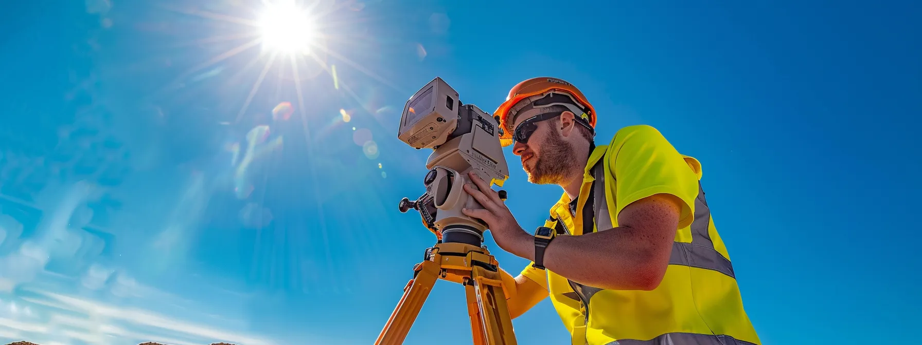 A surveyor adjusting a total station to correct misalignments under the clear, blue sky.