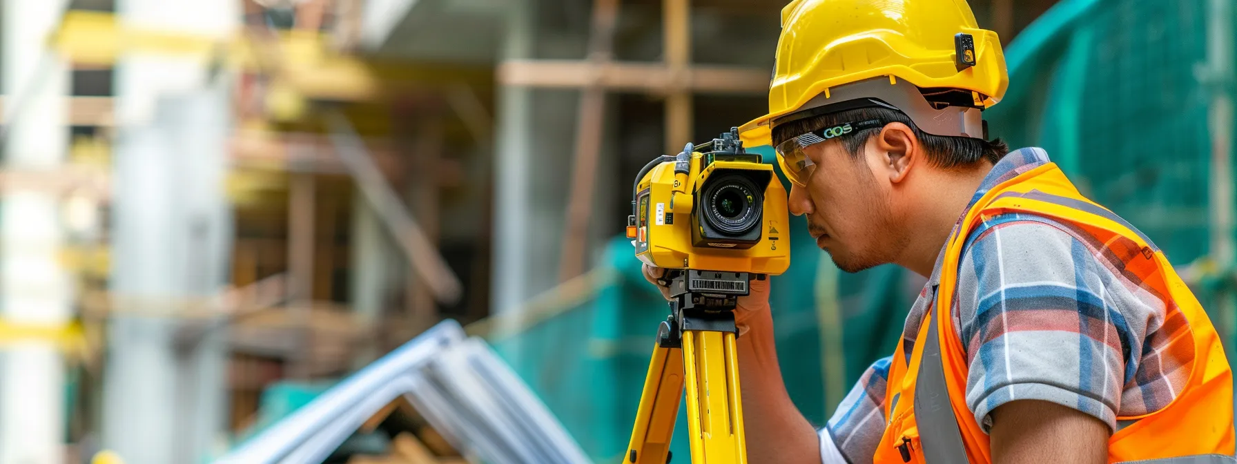 A surveyor carefully adjusts the total station on a construction site, capturing precise angle and distance measurements with focused concentration.