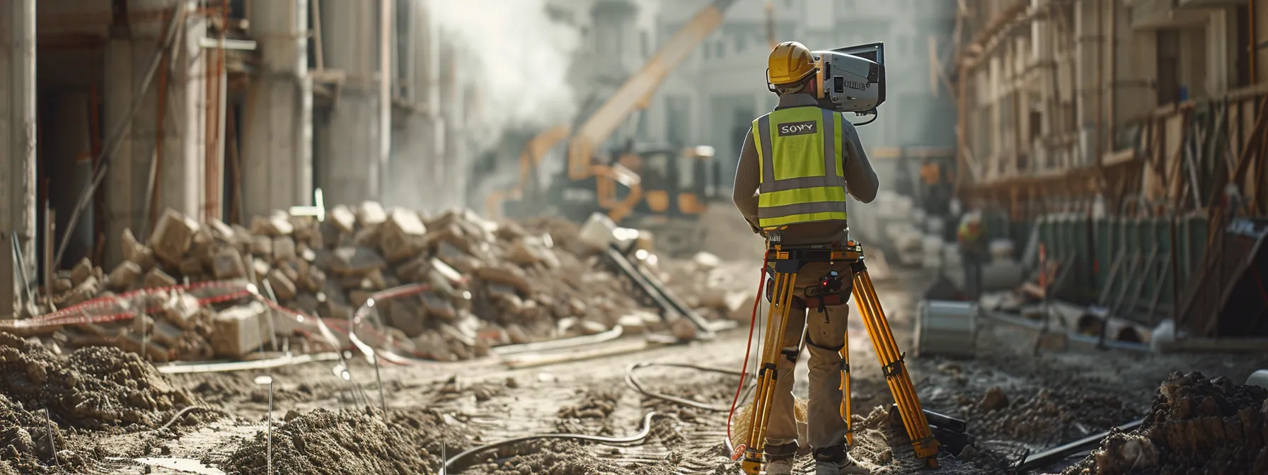 a surveyor confidently operates a trimble robotic total station in a bustling construction site, utilizing advanced features with precision and ease.