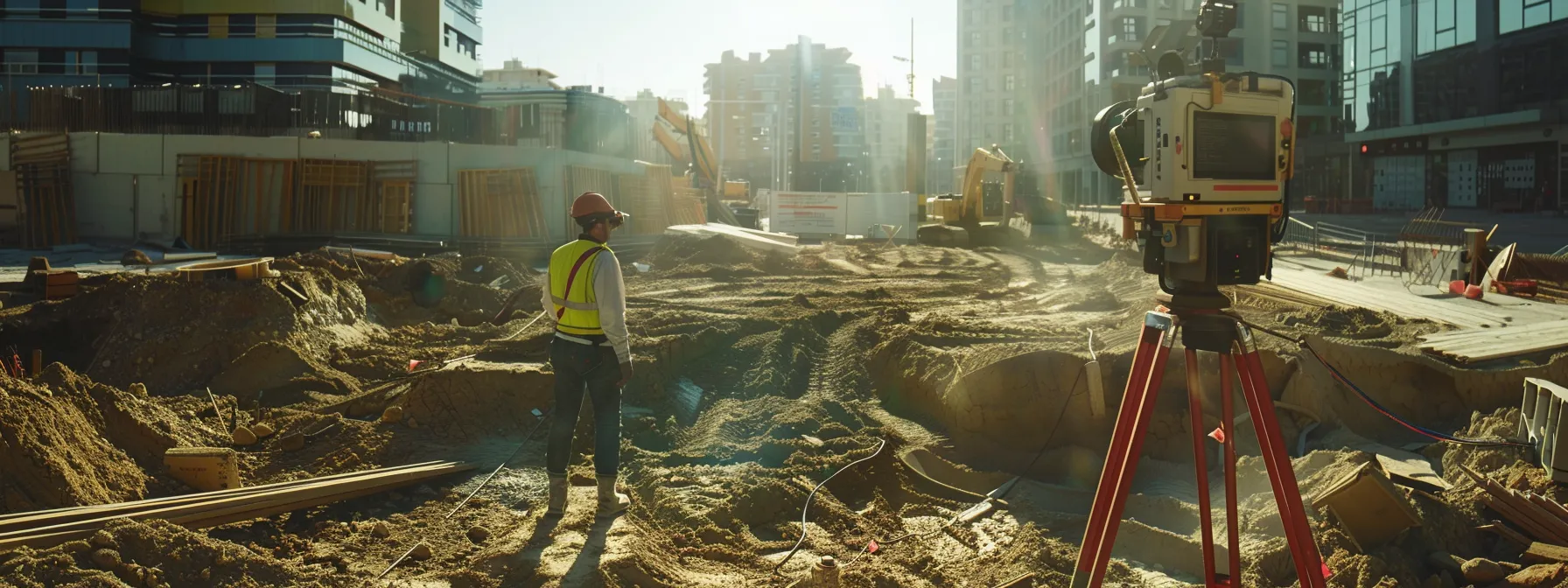 A surveyor using a total station to measure precise distances and angles on a construction site.