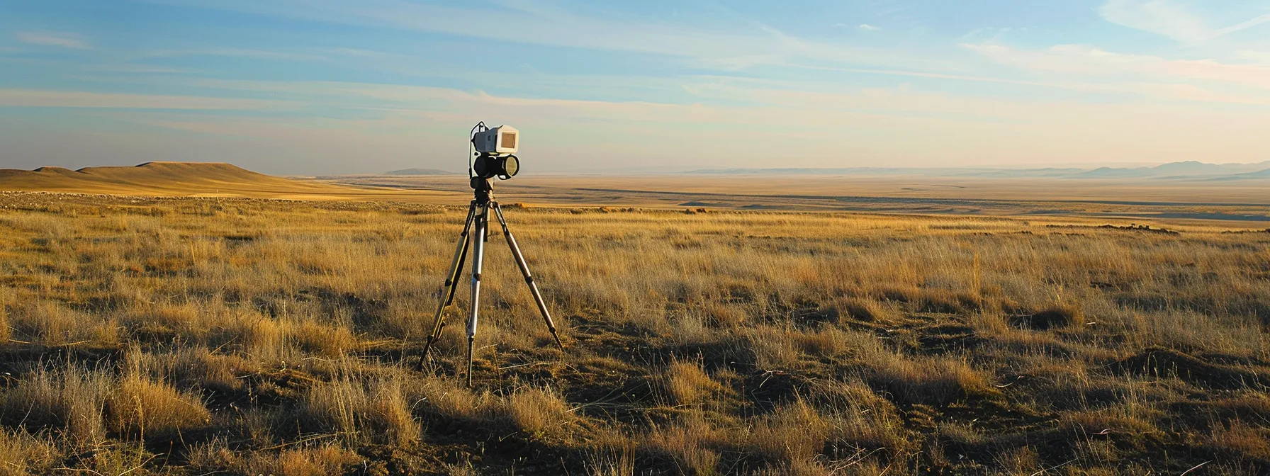 A total station set up on a tripod in a vast, open field, with its optics focused on a distant target, showcasing its precision and technological capabilities.