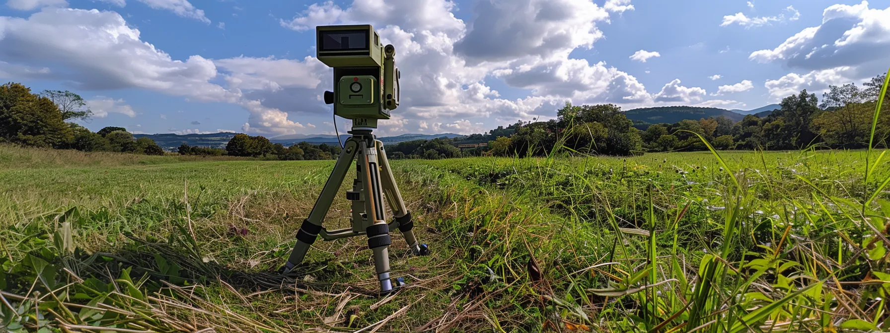 A total station set up on a grassy field, with the device perfectly aligned and leveled, ready for precise surveying measurements.