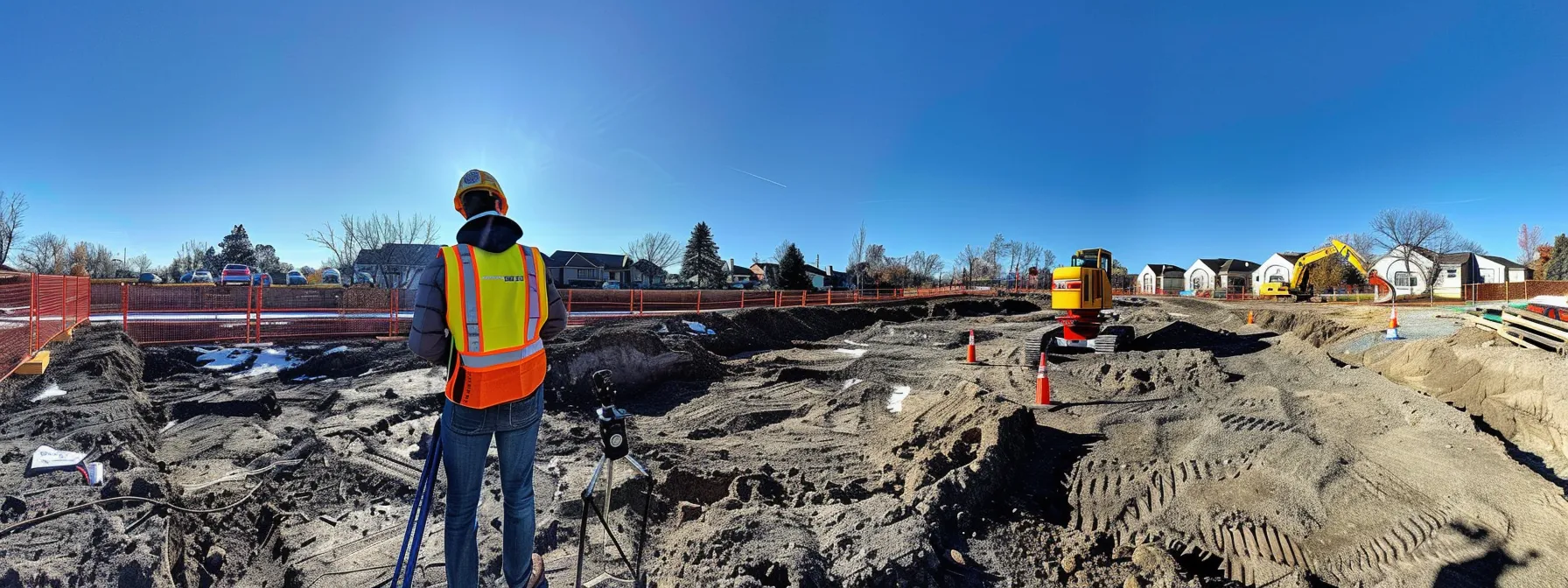 a beginner surveyor carefully comparing entry-level total station models under a clear blue sky at a construction site.