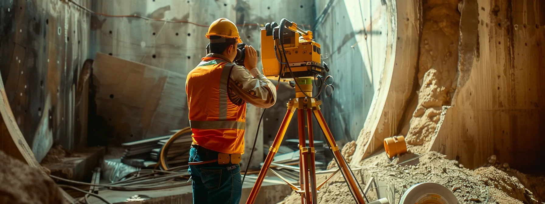 A surveyor using a total station to accurately measure horizontal and vertical angles for precise alignment and elevation determination.