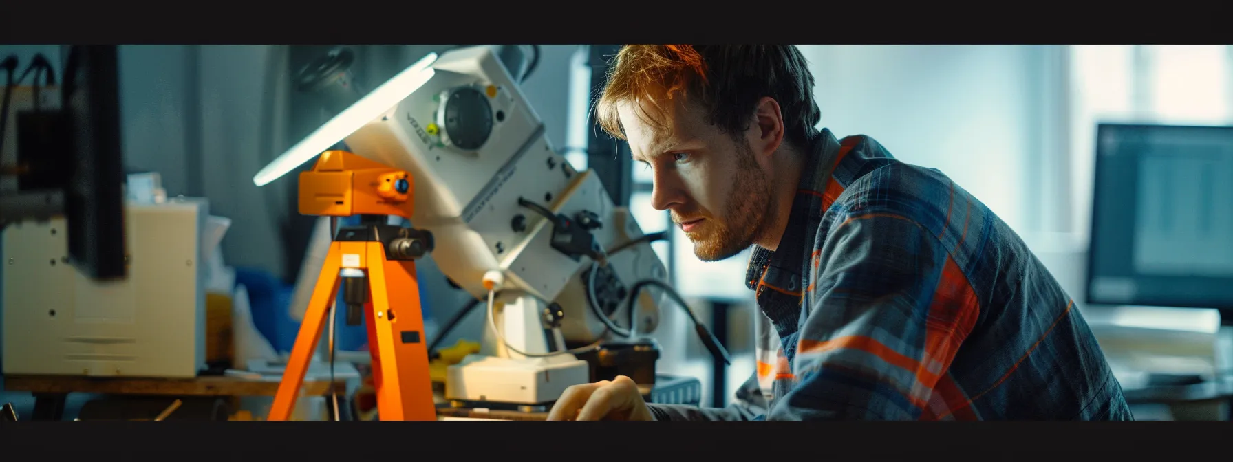 A civil engineer carefully comparing different total stations with advanced microprocessor capabilities and leica geosystems offerings in a well-lit office setting.