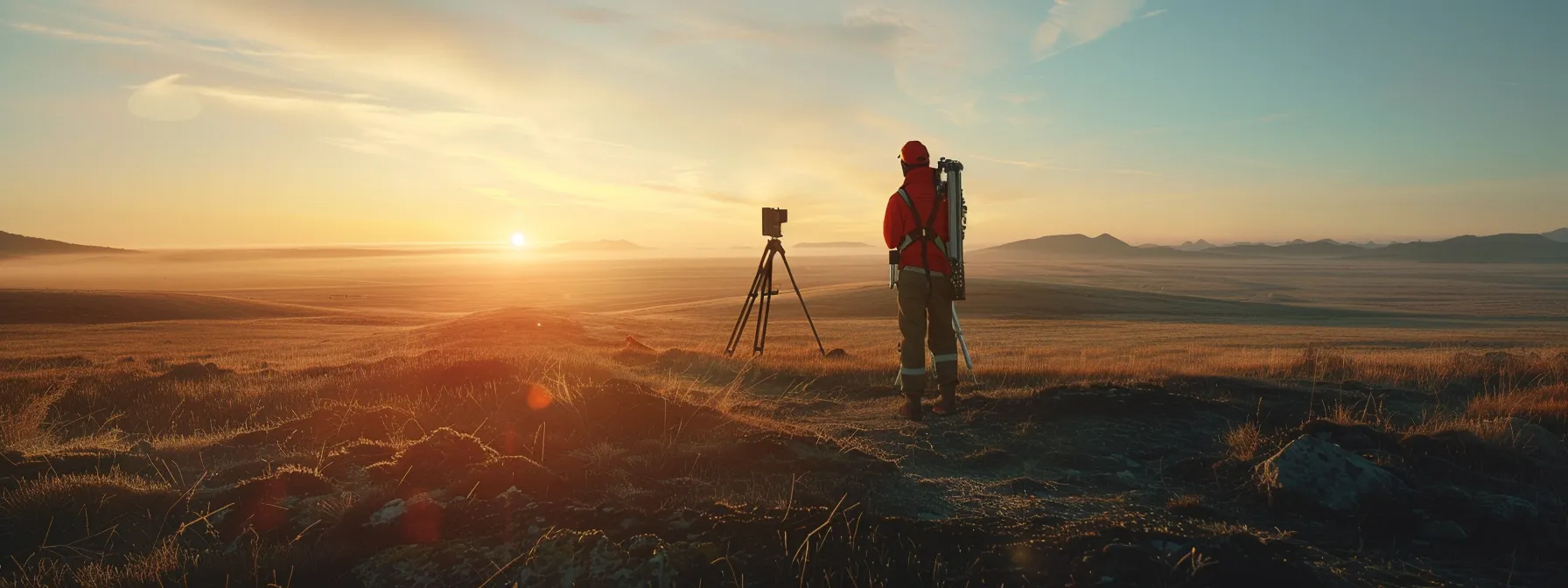 a surveyor meticulously using a high-tech total station to collect precise data points in a vast open field.