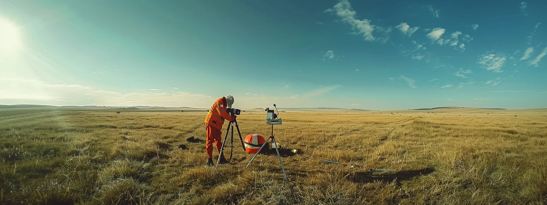 A surveyor carefully setting up a total station on a clear, sunny day with all necessary equipment laid out neatly on a grassy field.