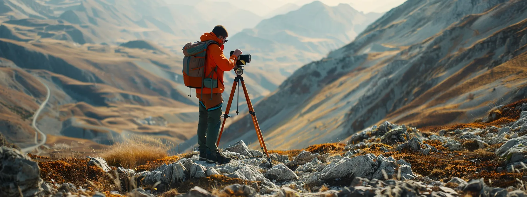 A surveyor using a total station to measure distances with precision in a rugged terrain.