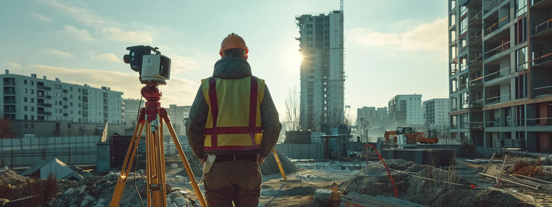 A surveyor carefully calibrates the total station device against a backdrop of a construction site, ensuring precise measurements and reducing errors.