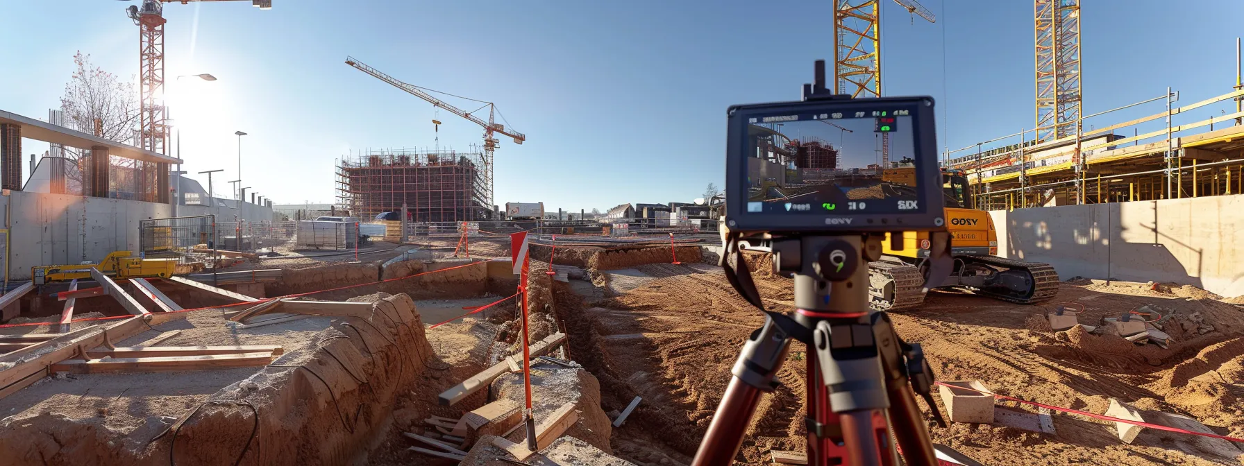 a futuristic construction site featuring advanced robotic total stations seamlessly integrating augmented reality technology for improved accuracy and efficiency.