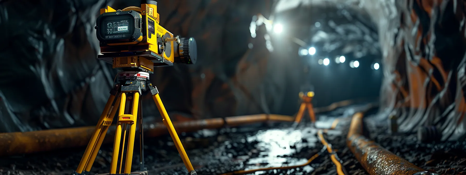 a modern total station device with advanced technology and artificial intelligence capabilities, enhancing efficiency in a mining operation setting.