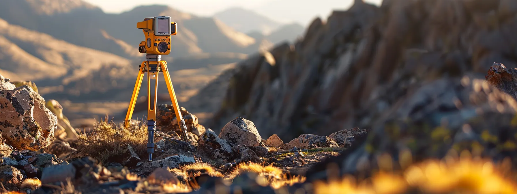 a modern total station standing tall amidst rugged terrain, showcasing its advanced technology and precision in environmental research.