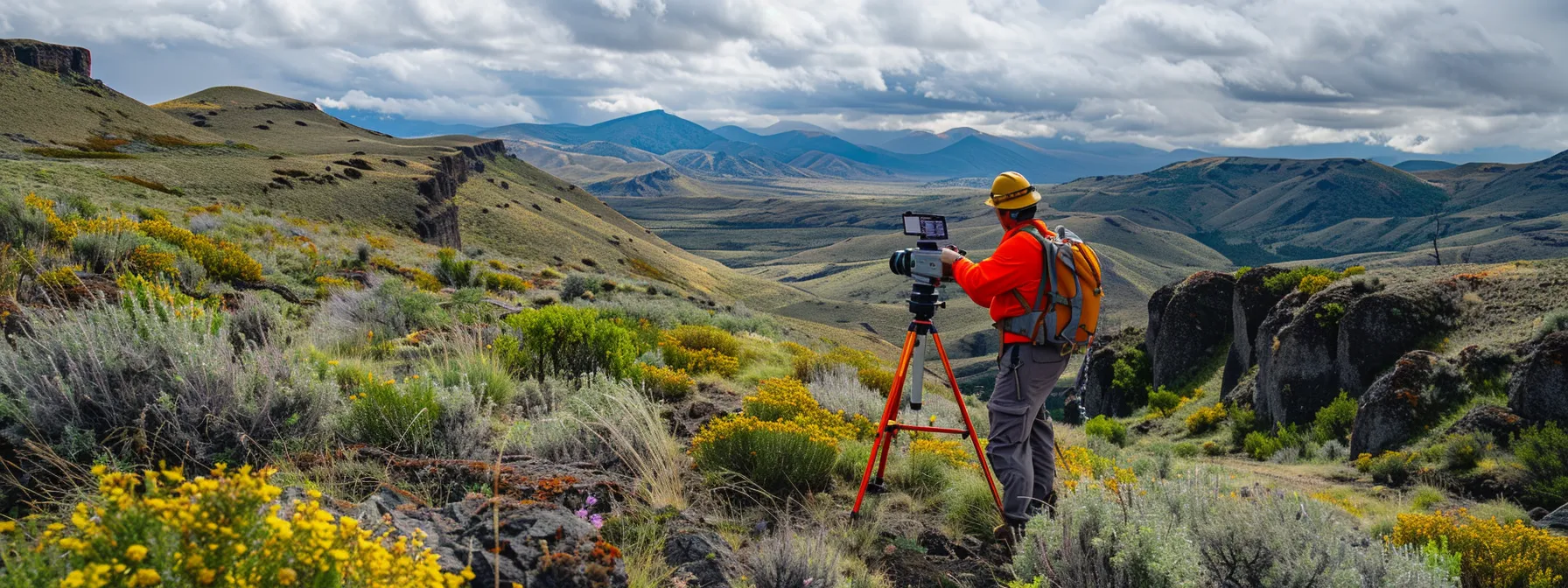 a researcher diligently calibrates a robotic total station at a picturesque environmental research site.