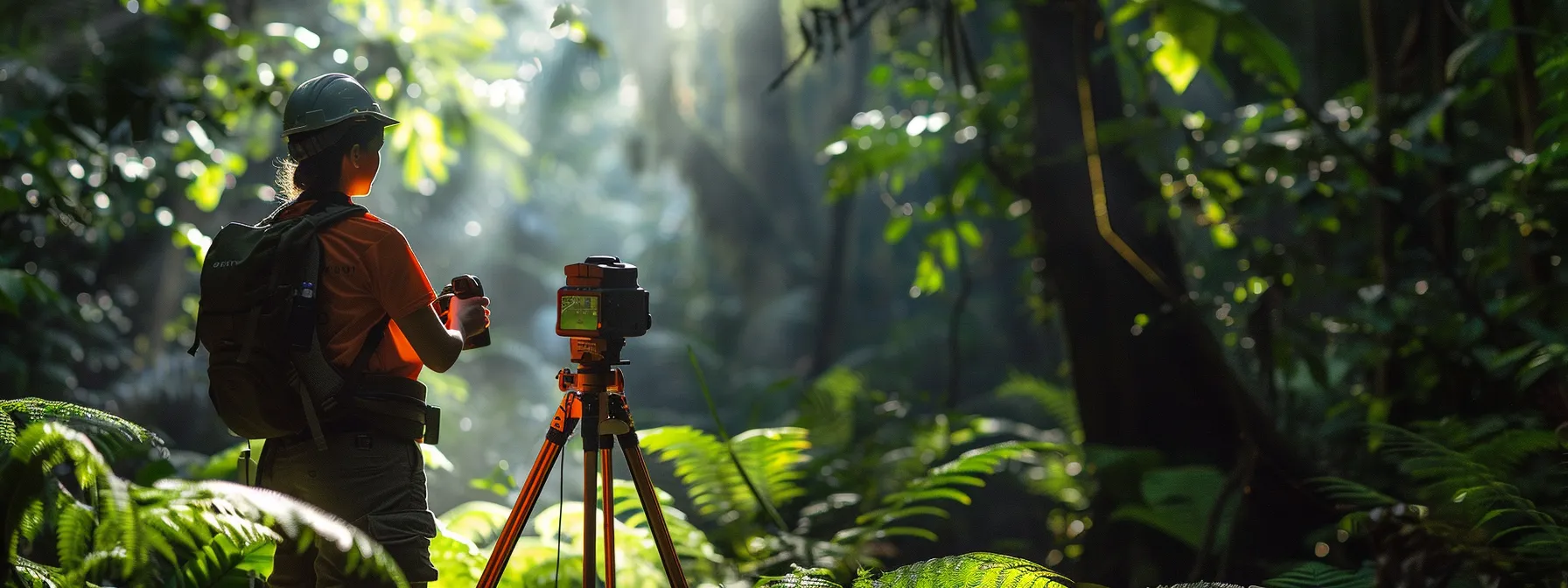 a researcher using a cutting-edge total station with precise measurement capabilities in a lush, natural environment for environmental research.