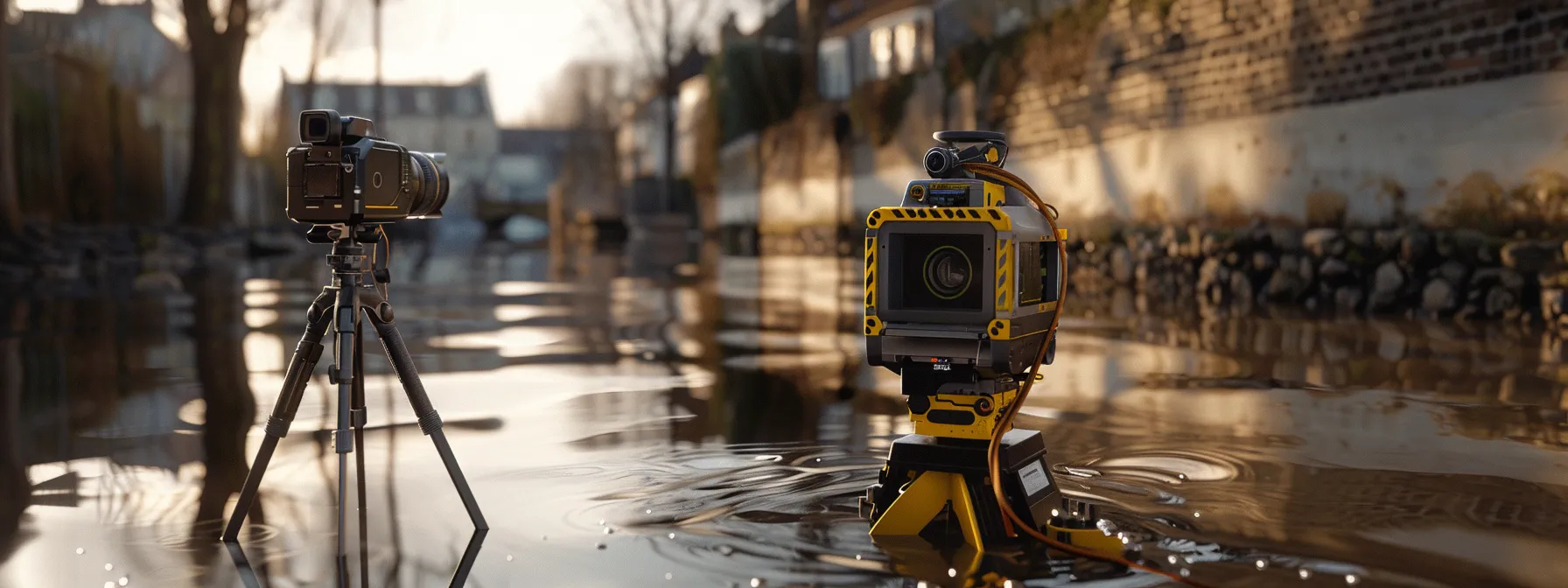 a robotic total station scanning a flood-prone area with precision and efficiency.