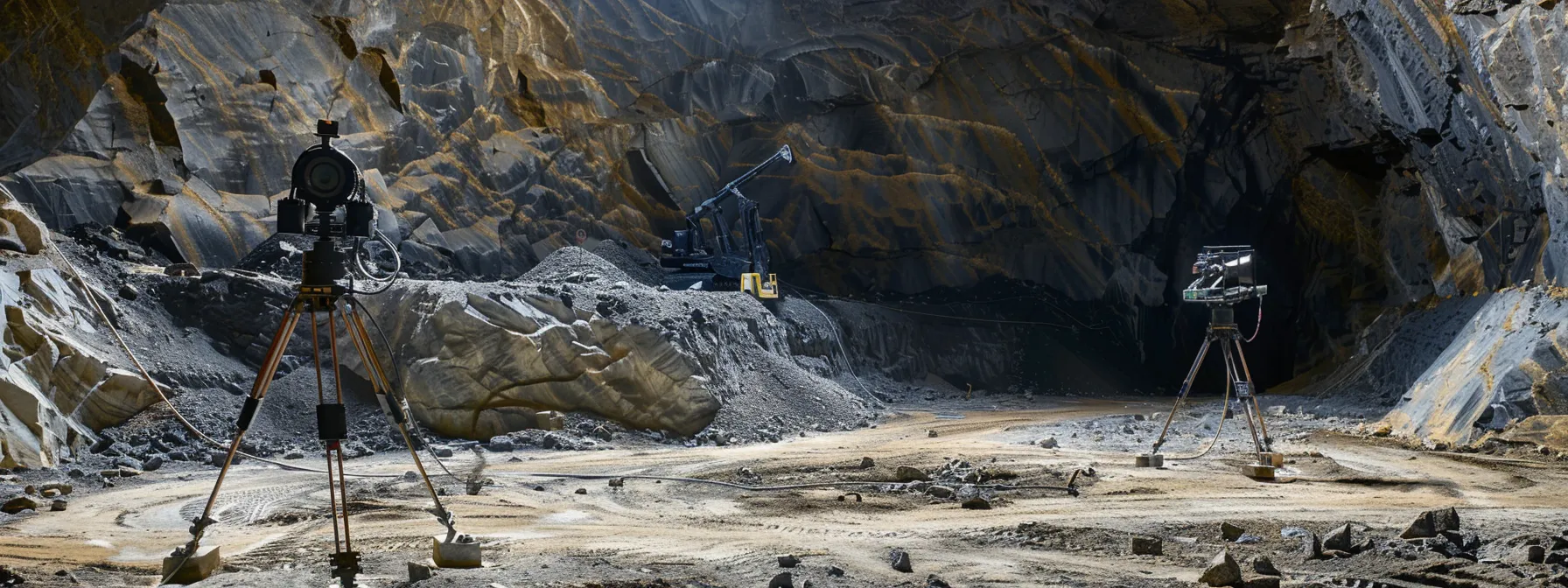 a rugged mine site with advanced total stations equipped with laser pointers and point cloud generation technology, enhancing mining efficiency.