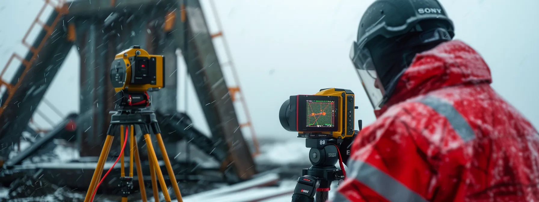 a rugged total station being used by a field operator in harsh weather conditions for transportation planning projects.