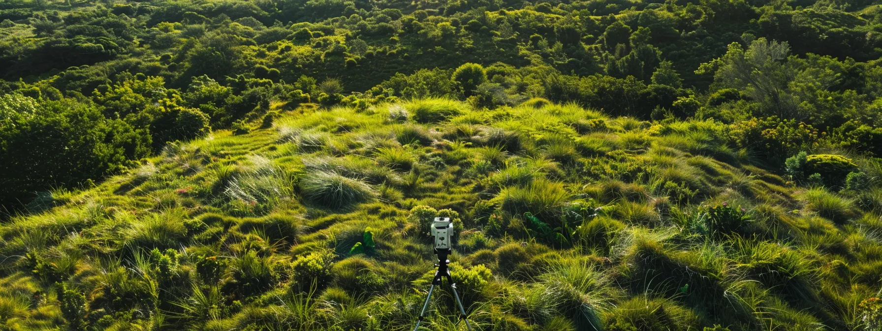 a sophisticated total station with cutting-edge drone technology surveys a lush, green landscape, showcasing the advancement in environmental research.