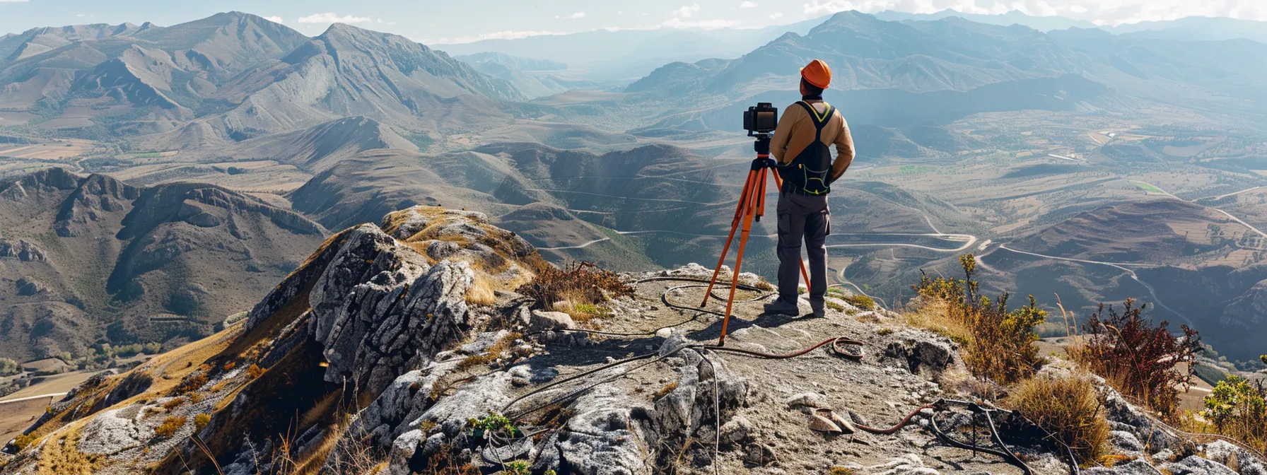 a surveyor adjusting a total station on a rugged mountain terrain, ensuring precision and accuracy in transportation surveys.