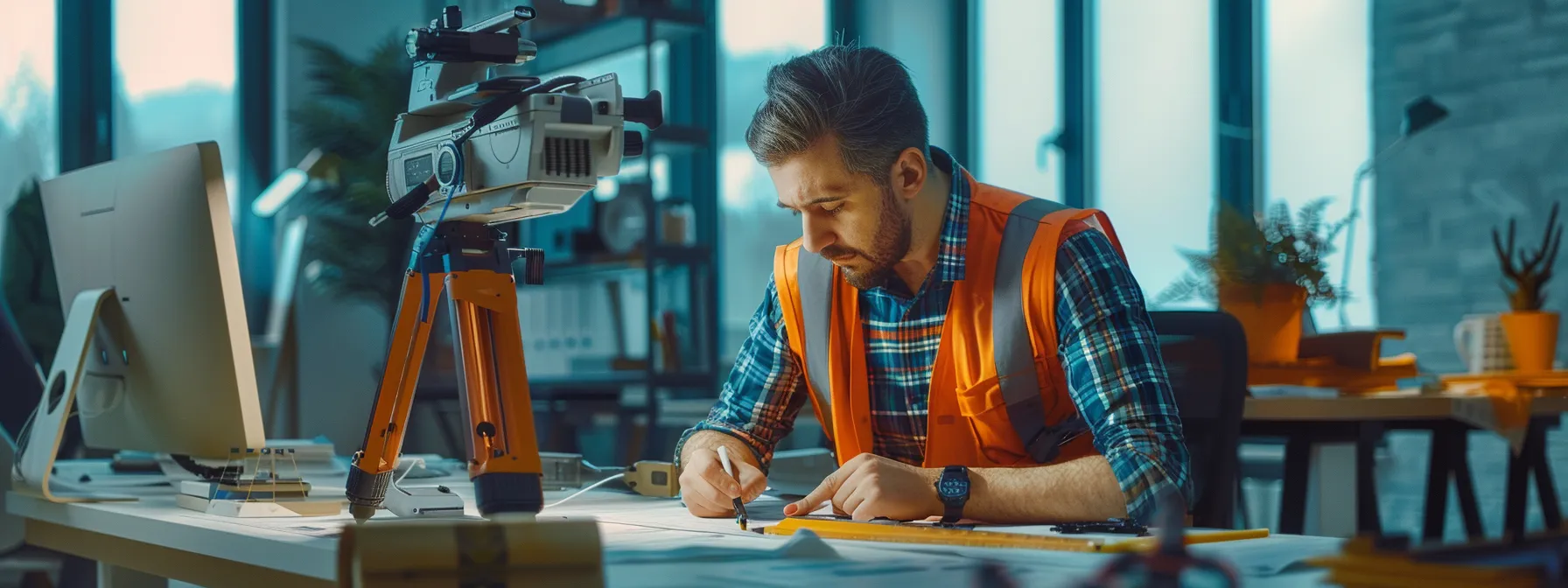 a surveyor carefully analyzing detailed specifications of different total stations while surrounded by futuristic surveying technology in a brightly lit office.