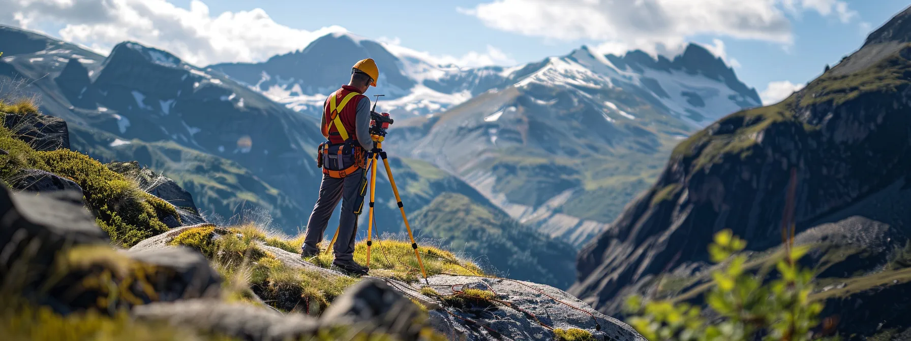 a surveyor using a robotic total station in a rugged mountain terrain, leveraging gps signals for precise measurements.