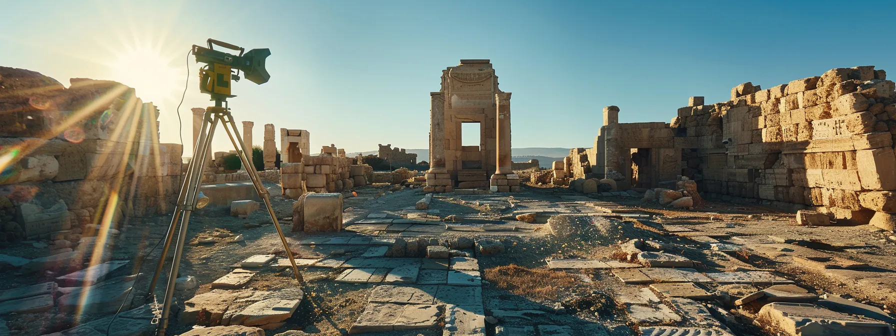 a total station perched on a sunlit ancient ruin, capturing detailed measurements with precision and efficiency.