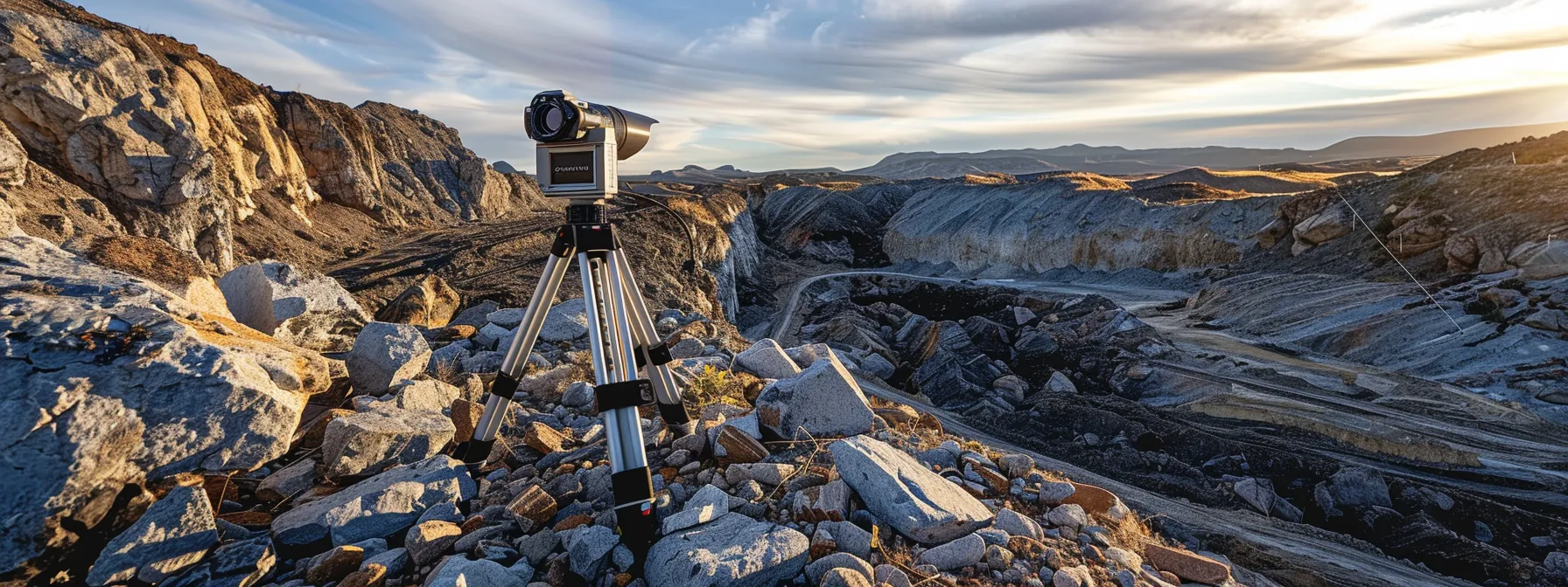 a total station poised on a rocky terrain, collecting precise measurements with sophisticated precision.