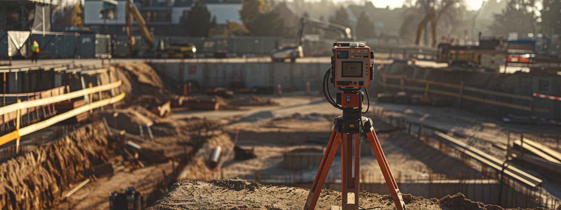 a total station positioned on a bustling construction site, capturing precise measurements with its advanced technology.