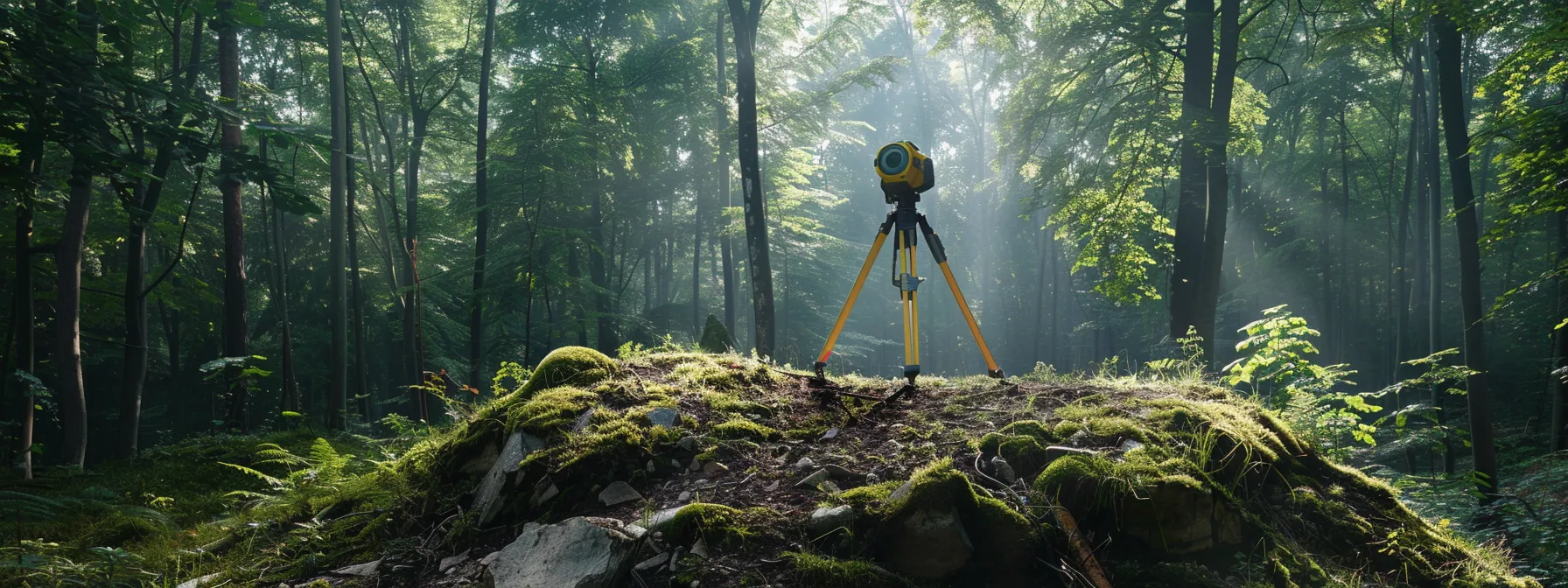 a total station set up on a rugged hillside, capturing precise data with its advanced measurement capabilities in the midst of a lush forest setting.