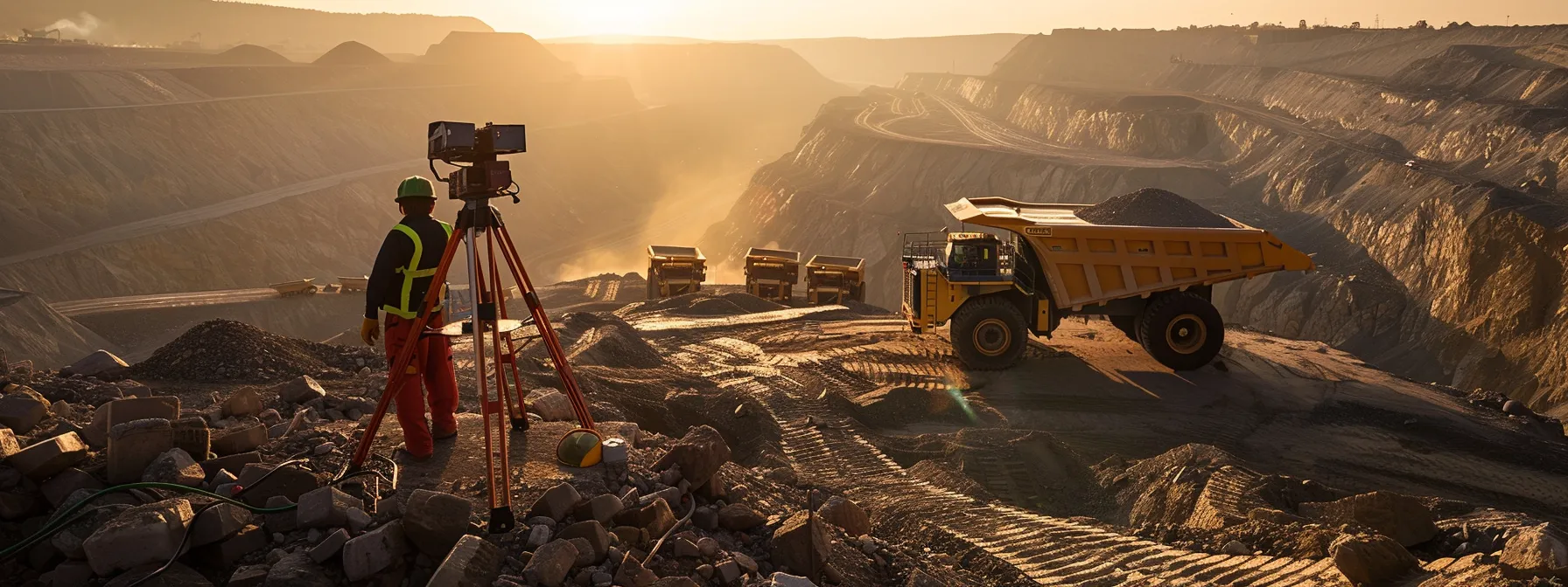 a total station surveying equipment set up on a rugged, dusty open-pit mine, with a backdrop of massive trucks and machinery showcasing the efficiency and precision in mining projects.