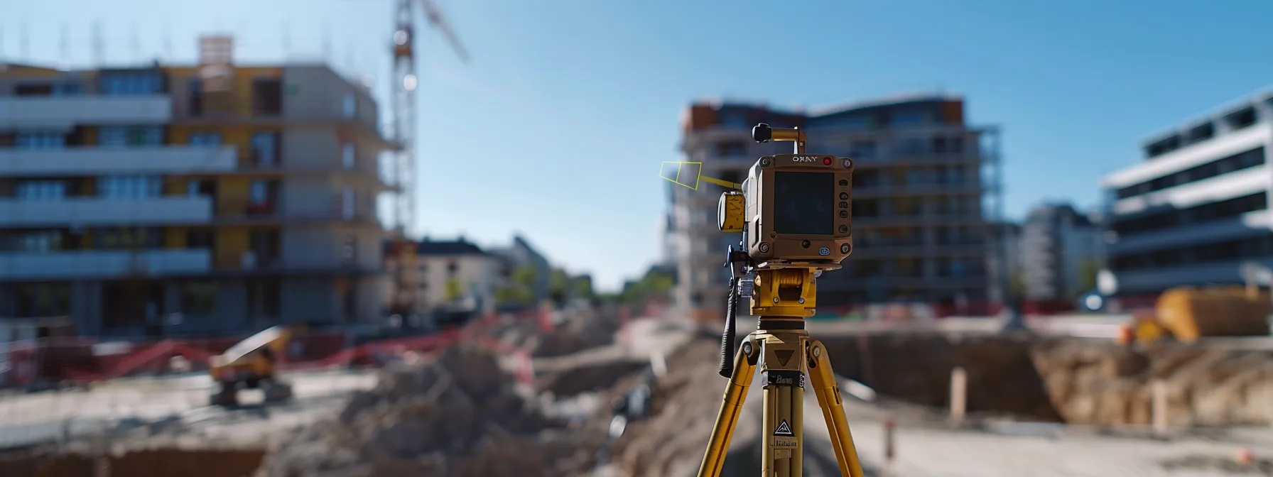 a total station technology device sitting atop a tripod, shining a laser beam, with construction site in the background.