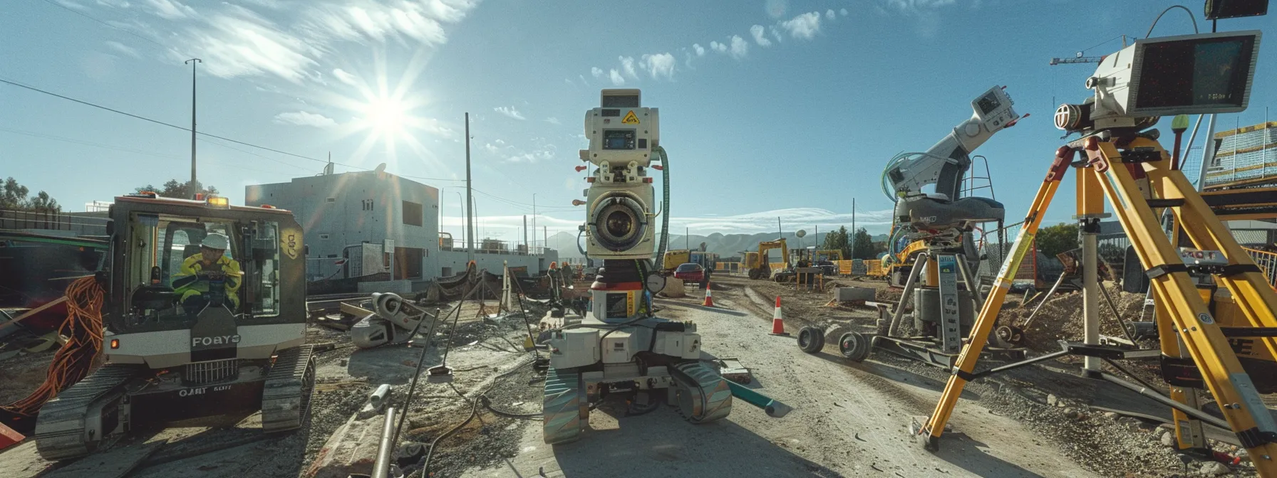 an advanced robotic total station equipped with gnss integration stands tall amidst a variety of surveying equipment, showcasing the latest technology for transportation planning projects.