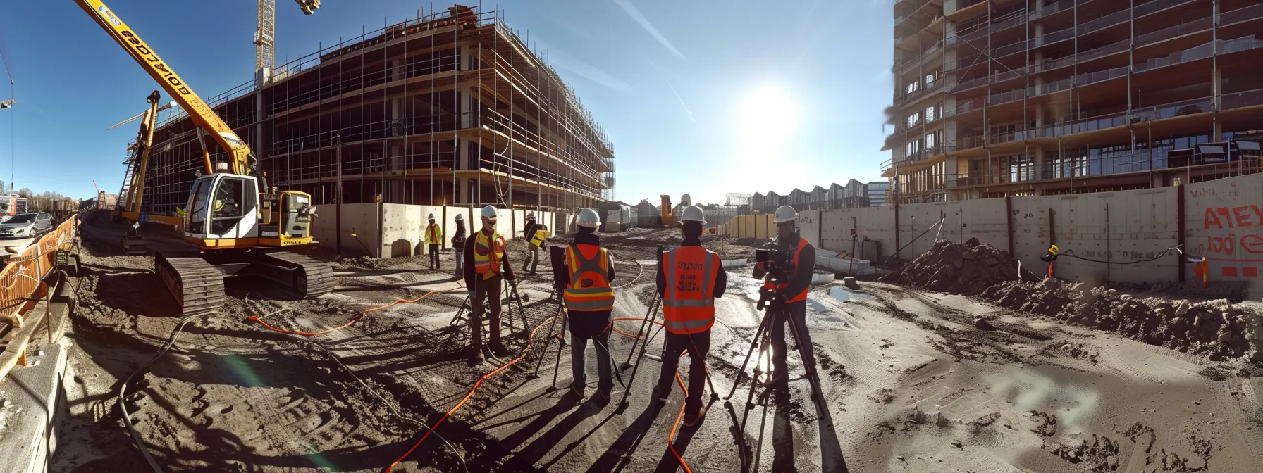 a group of engineers utilizing total stations to survey and map out a construction site, showcasing precision and innovation in infrastructure development.