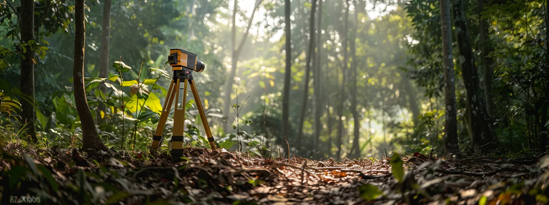 a modern topcon total station standing tall in a lush forest, capturing precise spatial data for efficient forest management.