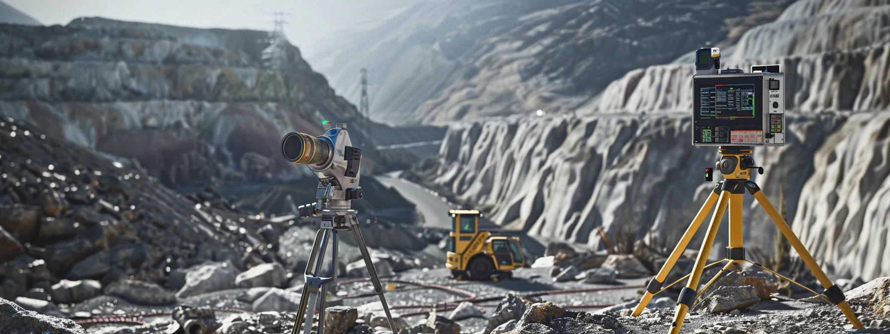 a sleek, futuristic total station positioned on a rocky landscape, with digital display panels showing precise measurements, surrounded by diverse engineering tools.