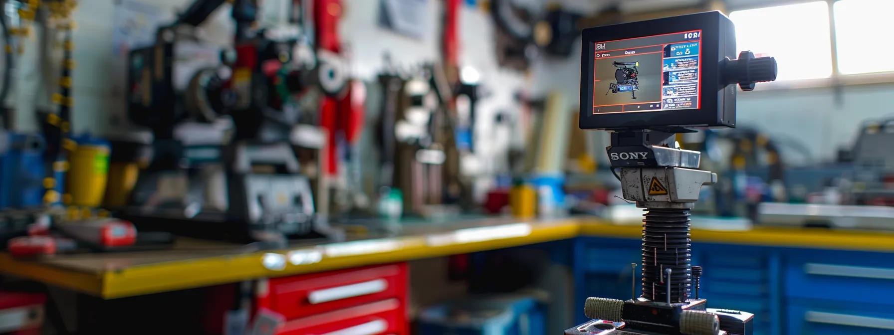 a sophisticated total station device with microprocessors and touchscreens being used in precision auto body repairs at wade's auto collision and body paint shop.