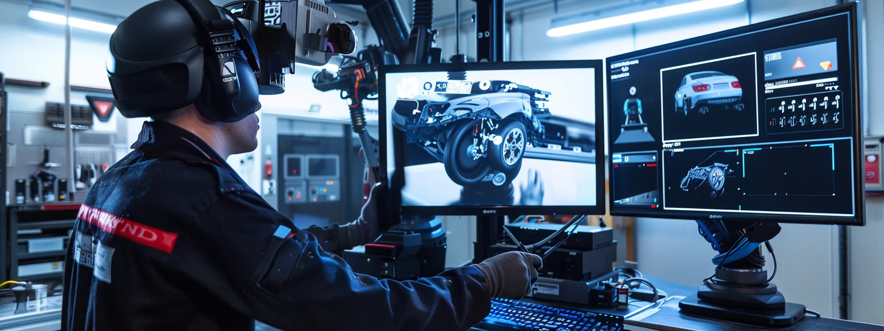 a technician in a high-tech repair shop, using precision equipment to assess vehicle damage with meticulous attention to detail.