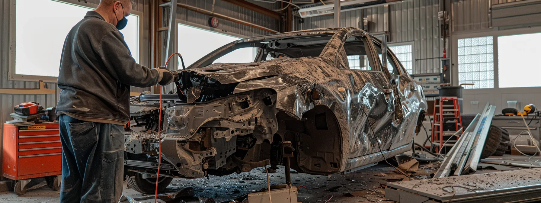 a technician using a high-tech 3d scanning device to assess vehicle damage with precision at wade's auto collision shop.