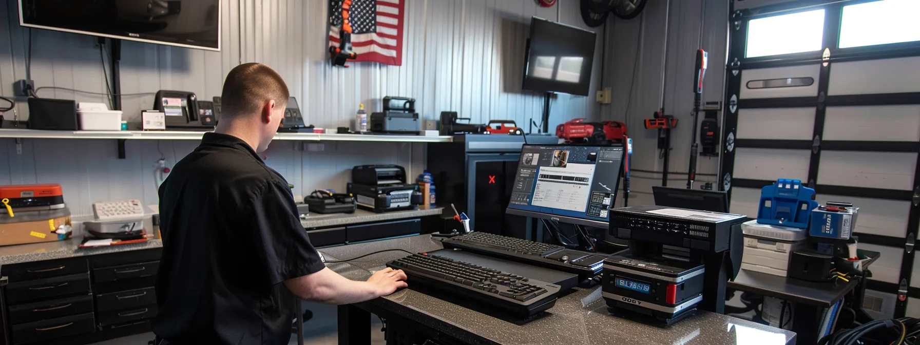 a technician using a high-tech compass-like system to plan precise alignments for vehicle repairs at wade's auto collision.