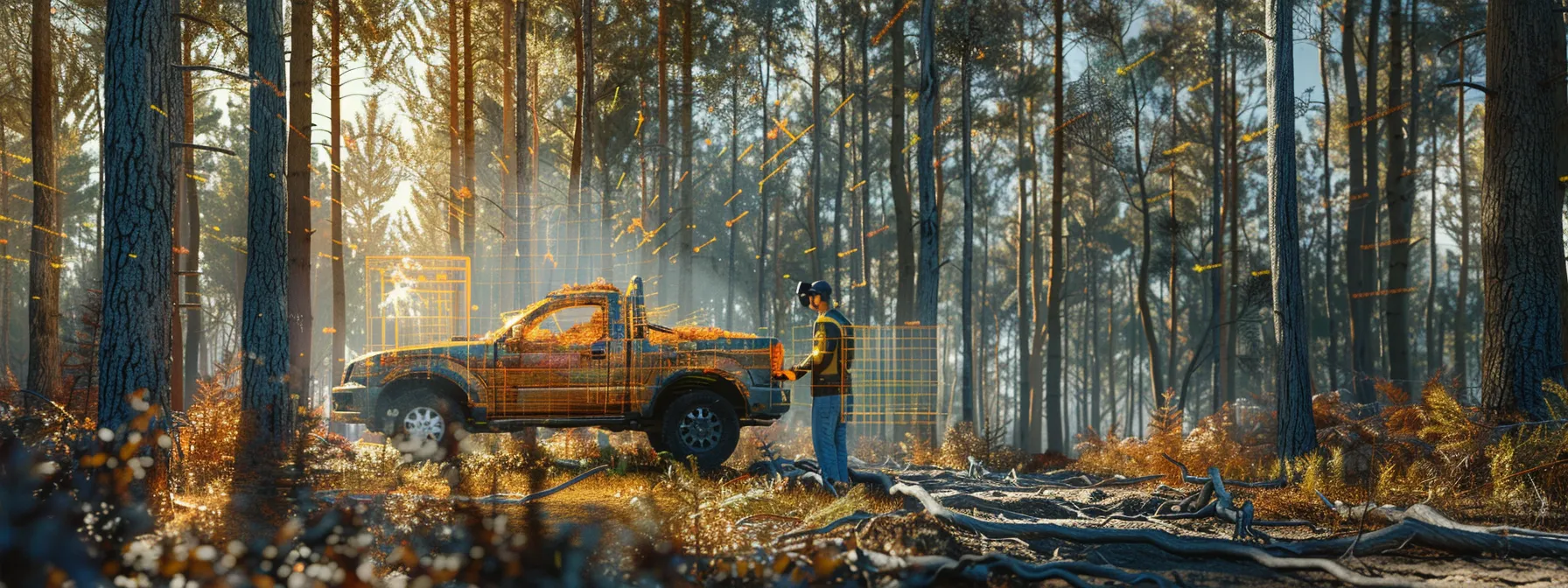 a technician using advanced measurement tools in a forest, creating precise point clouds of vehicle damage among the trees.