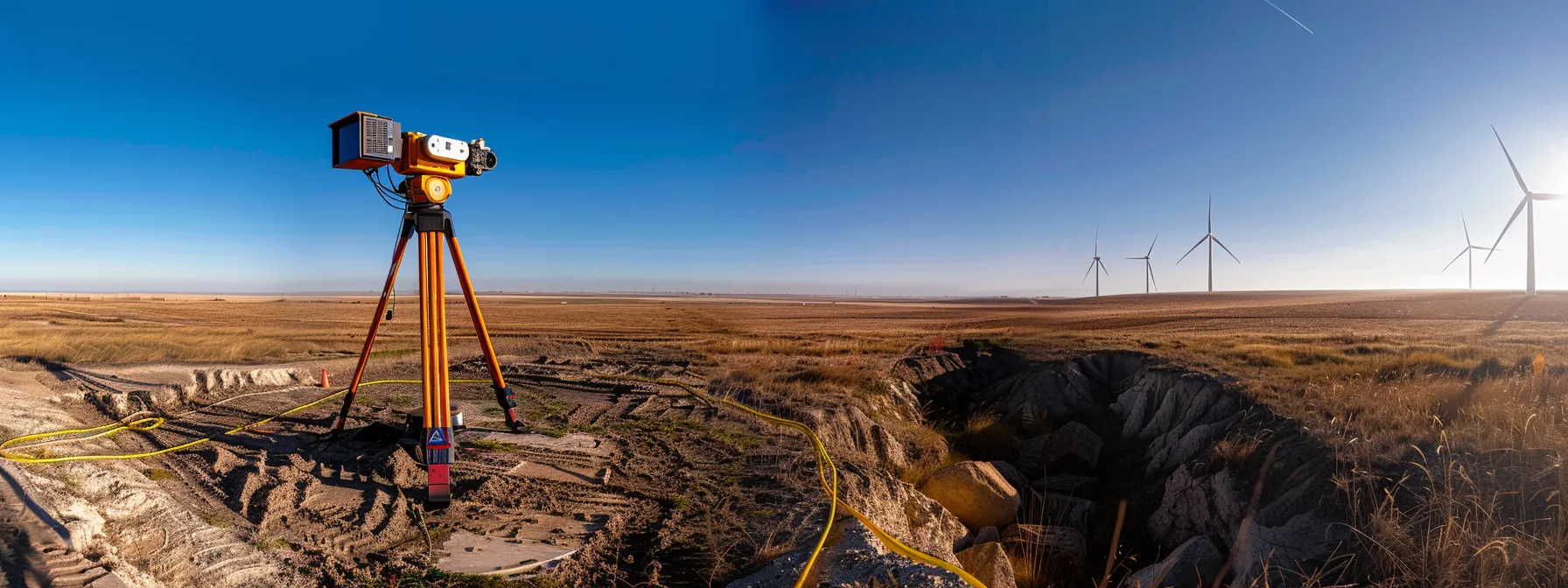 a total station positioned on a construction site, surrounded by wind turbines, ensuring precise measurements despite the windy conditions.