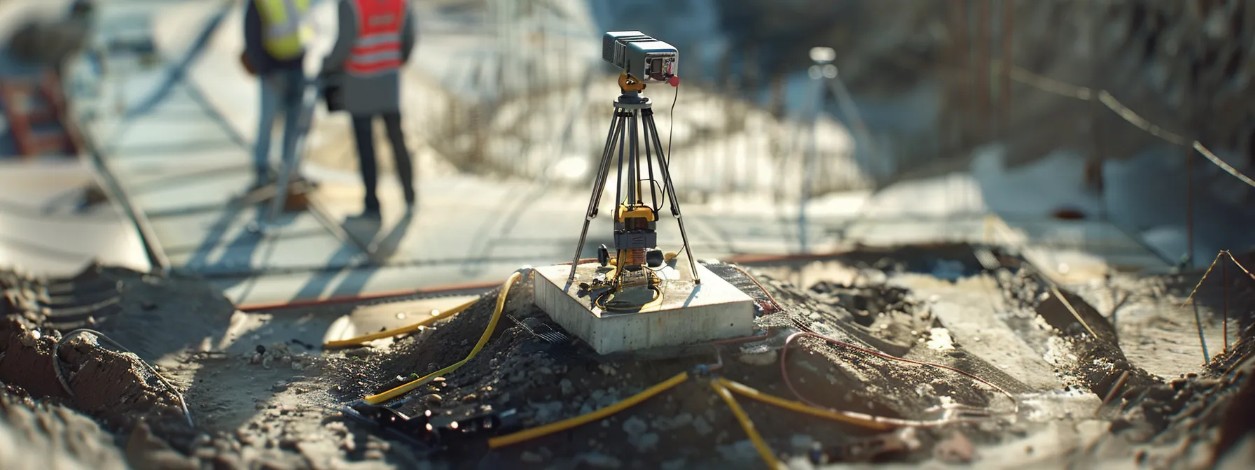 a sleek, futuristic total station technology device with laser scanning capabilities, being used on a construction site with engineers collaborating in real-time.