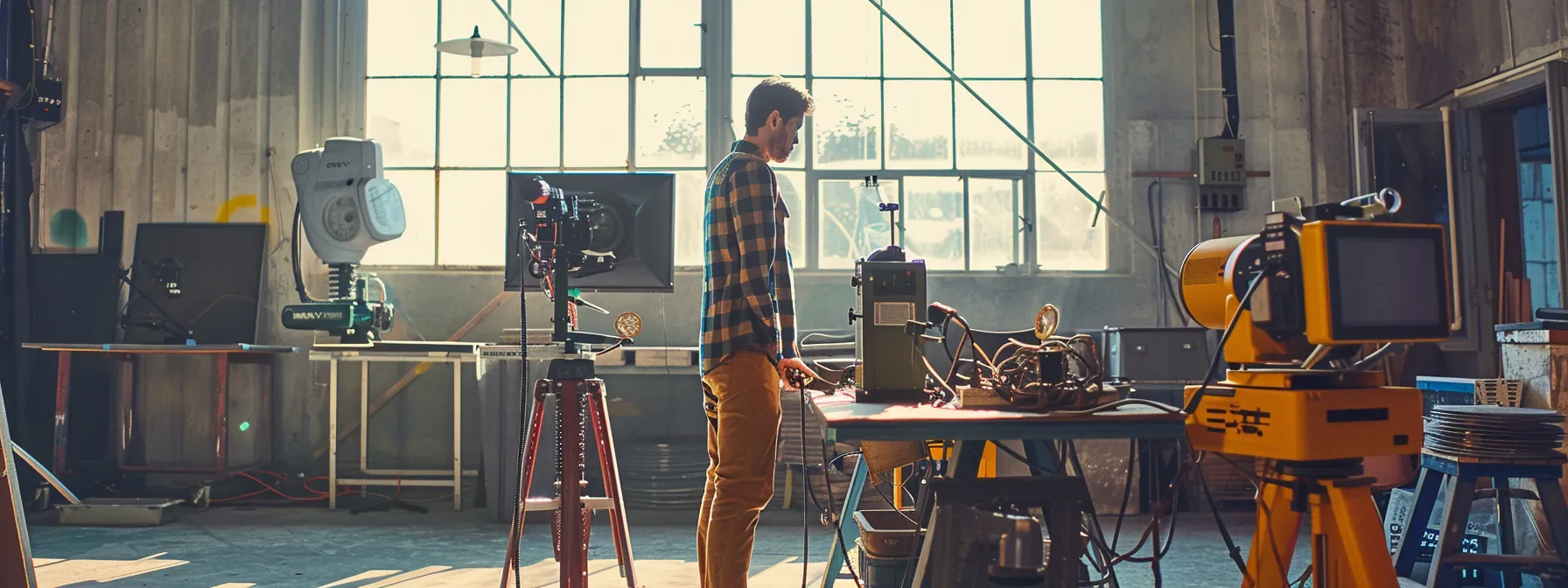 an engineer in a modern workshop, surrounded by futuristic total stations with virtual and augmented reality displays, working on enhancing engineering performance and reliability.